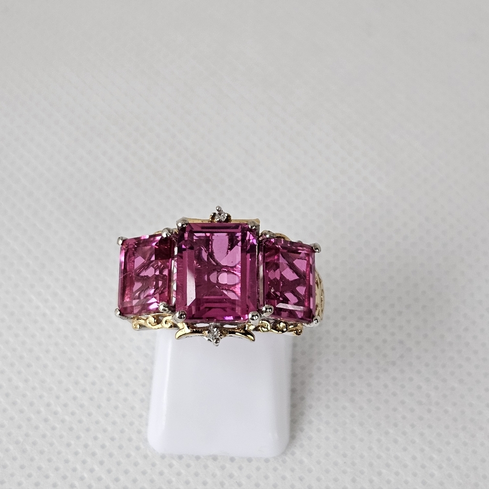 Radiant Orchid Quartz & White Zircon Ring Vermeil Platinum Sterling Silver Sz 7